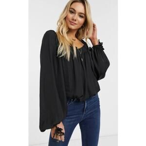 Intimately Free People Sz Peasant Shirt Black Square Neck Regency Witchy Boho